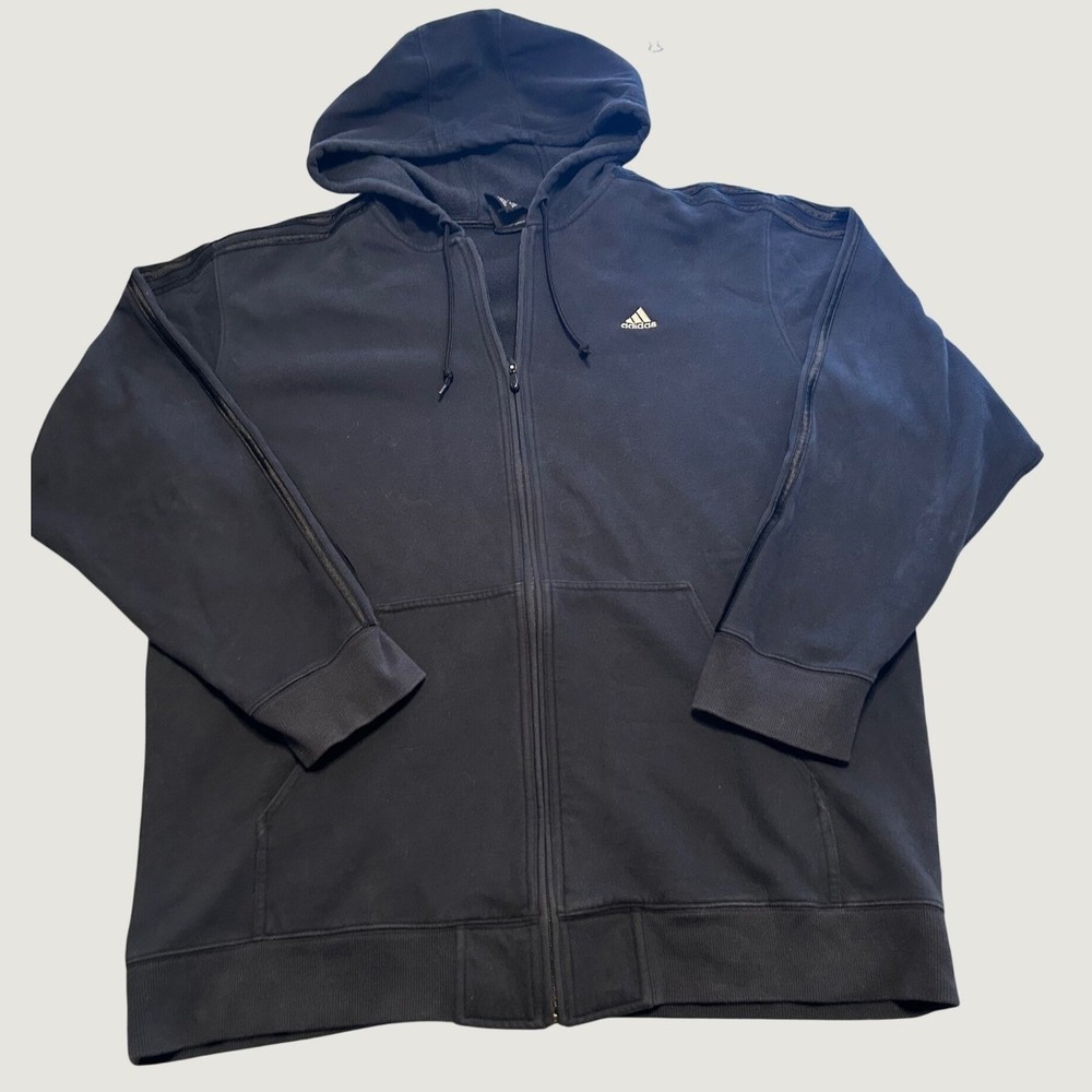Adidas Full Zip Hoodie Mens XL Black Excellent Three Stripe Fleece Sweatshirt